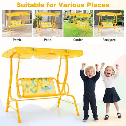 KOTEK Kids Patio Swing, 2-Seater Outdoor Hanging Bench with Adjustable Canopy, Safety Belt & Curved Armrest, Kids Swing Chair with Stand for Backyard, Garden, Lawn, Porch (Yellow Alligator)