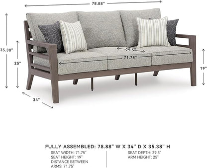 Signature Design by Ashley Hillside Barn Contemporary Nuvella Weather Resistant Fabric Outdoor Sofa with Cushion and 4 Throw Pillows, Light Brown & Light Gray