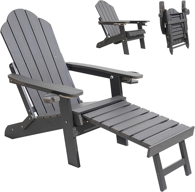 Ergonomic Adjustable Adirondack Chair with Ottoman Set of 2，Folding Adirondack Chair with 2 Cup Holder for - Photo 4