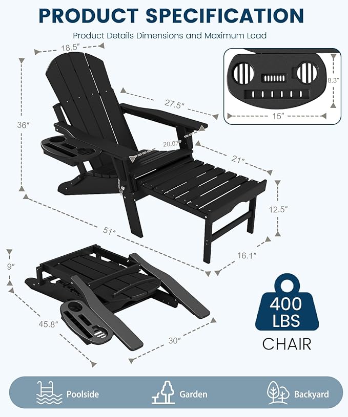 FOOWIN Folding Adjustable Adirondack Chair with Retractable Ottoman,HDPE Adirondack Chair w/4 in 1 Cup Holder Trays,All-Weather Resistant Fire Pit Chair for Outdoor Patio Lawn, Black