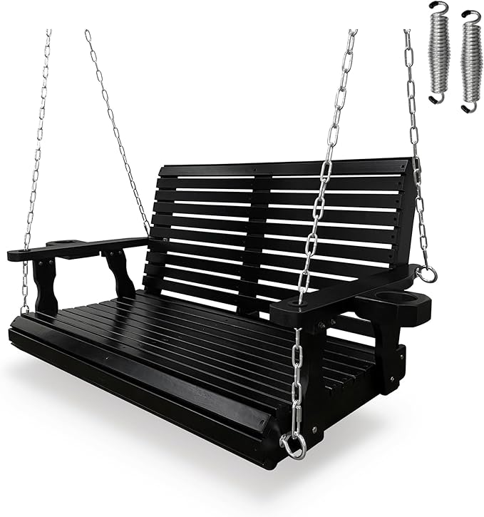 Wooden Porch Swing 2-Seater, High Backrest and Deep Seat, Bench Swing with Cupholders, Hanging Chains and 7mm Springs - Photo 1