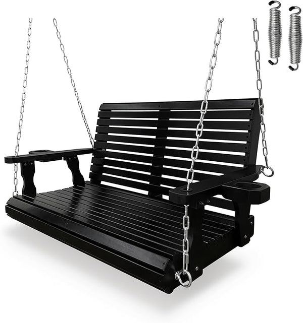 Wooden Porch Swing 2-Seater, High Backrest and Deep Seat, Bench Swing with Cupholders, Hanging Chains and 7mm Springs, Heavy Duty 880 LBS, for Outdoor Patio Garden (Carbon Black - 4 FT Extra Large)