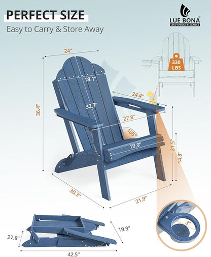 LUE BONA HDPE Folding Adirondack Chairs Set of 4 - Weather Resistant Seating with Cup Holder for Patio, Fire Pit, Deck & Resort Garden, Blue