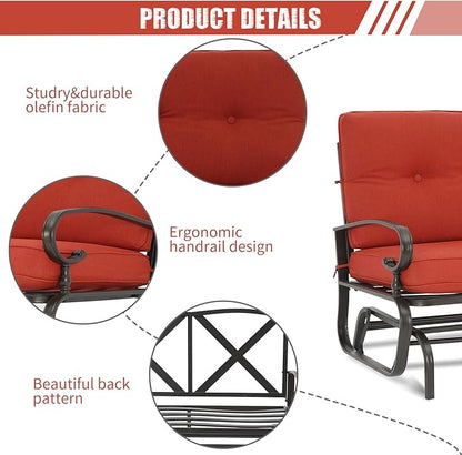 Outdoor Swing Glider Rocking Bench, Garden Loveseat Chair, Patio Steel Frame Chair Wrought Iron Look with Thick Cushion(Red)