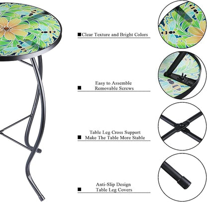 VCUTEKA Outdoor Side Table Mosaic End Patio Side Table Small End Tables Glass Top Round Balcony Coffee Tables Porch Indoor Glass Top Bee 14''