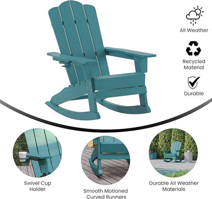 Flash Furniture Newport Adirondack Rocking Chair with Cup Holder, Weather Resistant Poly Resin Adirondack Rocking Chair, Blue
