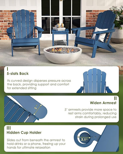 GREENVINES Oversized-Folding-Adirondack-Chairs-Set-of-2 | HDPE Plastic | Cup Holder | Fire Pit Chair | All Weather | for Outdoor Deck Backyard | Blue