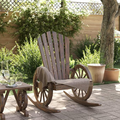 Rustic Solid Fir Wood Rocking Adirondack Chair Burnt Brown 35x24x39 Outdoor Patio Seat Ergonomic Garden Lounger for Deck Backyard Balcony