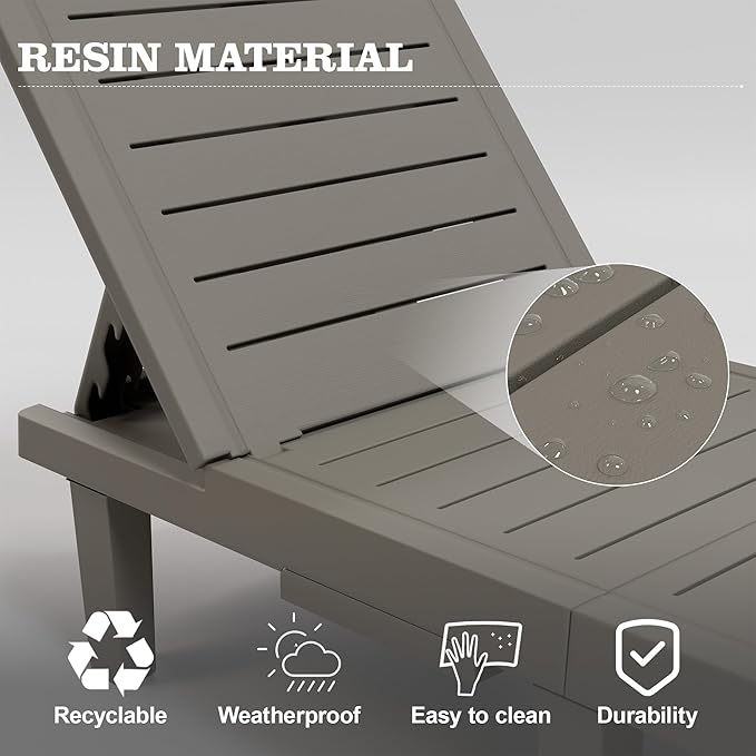 UPDATIO Outdoor Lounge Chair, Resin 5-Position Adjustable Reclining Chaise Lounge, Waterproof Patio Chairs for Pool, Beach, Lawn, and Garden