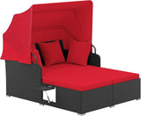 Tangkula Patio Rattan Daybed with Retractable Canopy, Outdoor Wicker Sunbed Lounger with 2 Foldable Side Tables - Photo 1