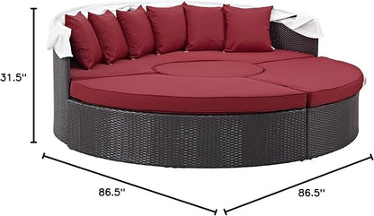 Modway Convene Wicker Rattan Outdoor Patio Retractable Canopy Round Poolside Sectional Sofa Daybed with Cushions in Espresso Red