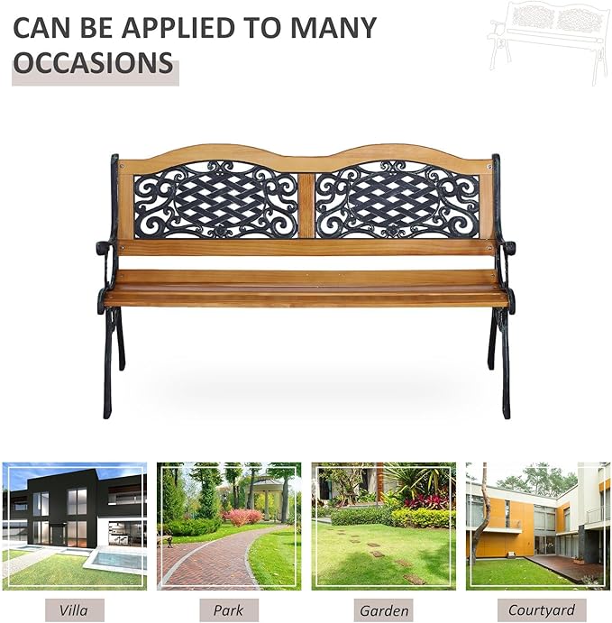 Garden Patio Bench 50in x 20.5in x 30in – 528lb Rated, Slatted Wood Top, Ergo-Tilted Back, Scratch-Resistant Metal Legs, Teak & Antique Green