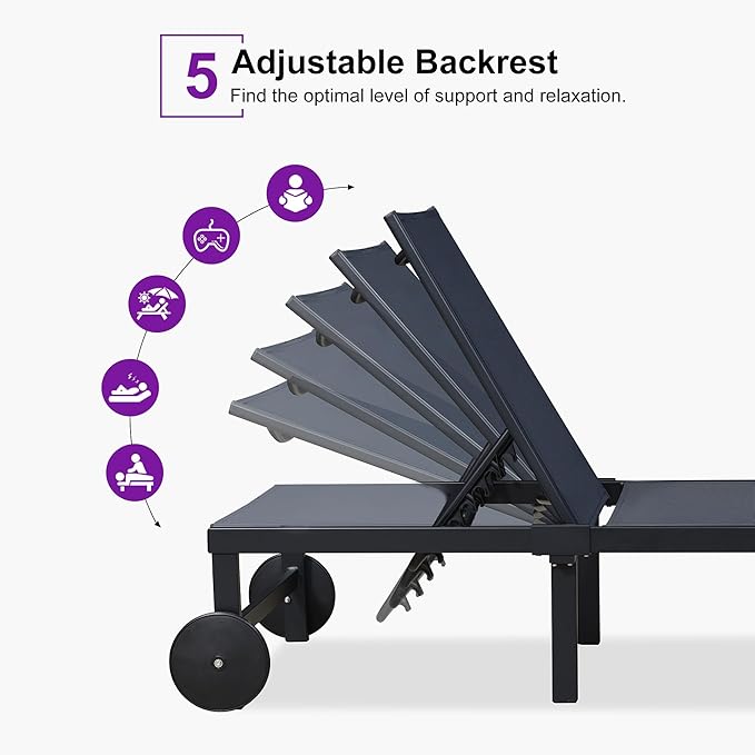 PURPLE LEAF Outdoor Chaise Lounge Chairs Set Recliner Aluminum Adjustable Chair with Wheels and Side Table for Poolside Beach Patio Sunbathing Lounger, Navy Blue