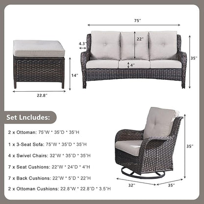 Rilyson Wicker Patio Furniture Set - 7 PC Rattan Outdoor Sectional Conversation Sets with 4 Swivel Rocking Chairs,2 Ottomans and 1 Sofa for Porch Deck Garden(Brown/Beige)