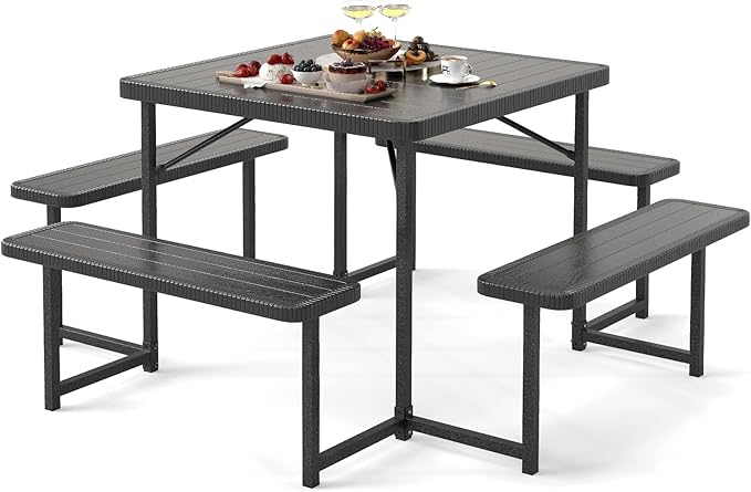 Giantex Picnic Table Bench Set for 4-8 People, 34" Outdoor Square Dining Table & 2 Benches w/Umbrella Hole - Photo 1