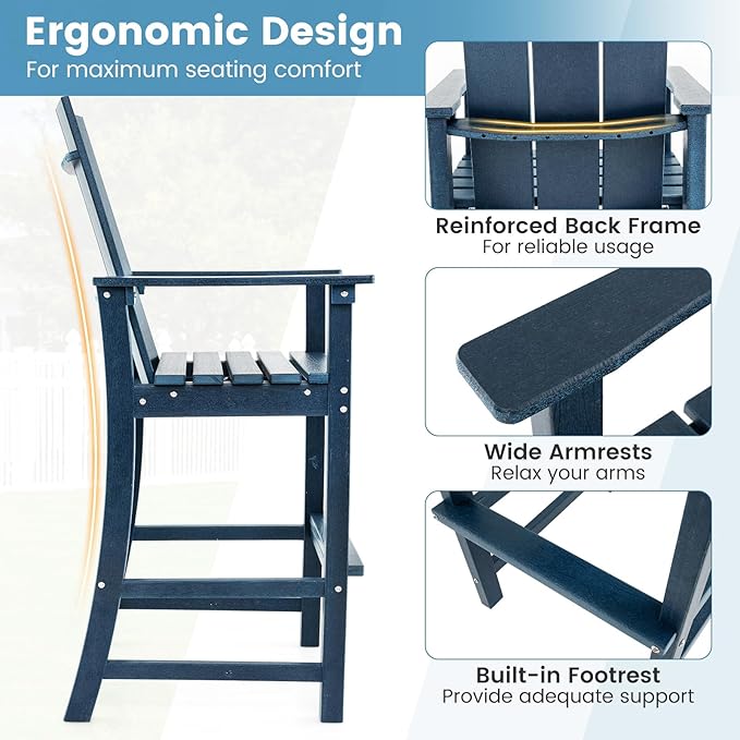 Giantex 52” Tall Adirondack Chair, HDPE Outdoor Bar Stool with Ergonomic Backrest, Armrests, Footrest, Fire Pit Chair, All Weather Patio Bistro Chair for Backyard, Garden, Lawn Chair (1, Navy)