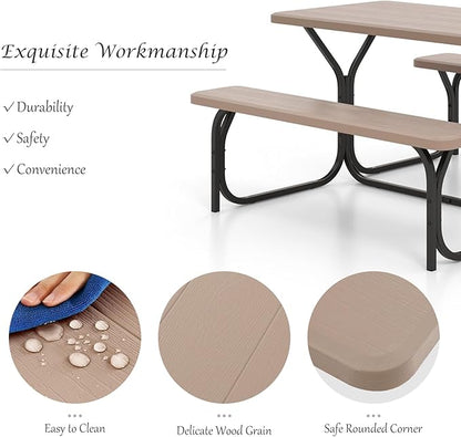 Giantex Picnic Table Bench Set Outdoor Camping All Weather Metal Base Wood-Like Texture Backyard Poolside Dining Party Garden Patio Lawn Deck Furniture Large Camping Picnic Tables for Adult