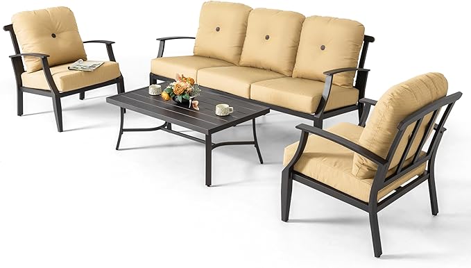 NUU GARDEN 4-Piece Outdoor Patio Sofa Set, Aluminum Conversation Set with Zippered Cushions and Coffee Table, Perfect for Porch, Garden, Backyard, Balcony, or Poolside, Ginger