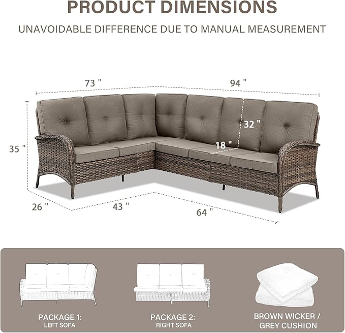 Belord 6-Seater Outdoor Sectional Sofa L Shaped Couch Patio Conversation Furniture Set, PE Wicker Patio Sectional Sofa with Removable Gray Cushion for Deck Backyard Sunroom