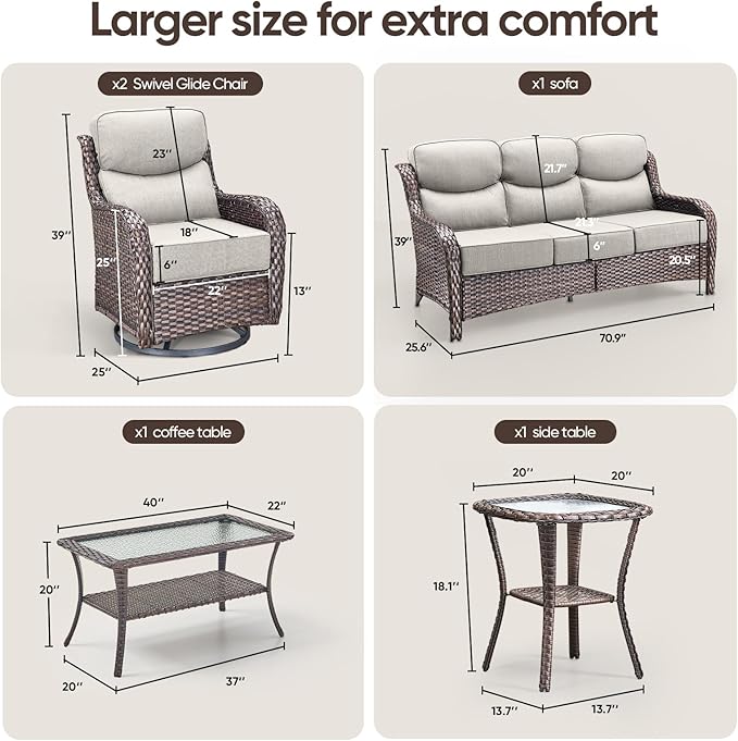 Swivel Patio Chairs sofa Set of 5 with 6" Thick Cushion - Wicker Outdoor Swivel Rocker Patio Chair ,Sofa/Glass coffee - Photo 2