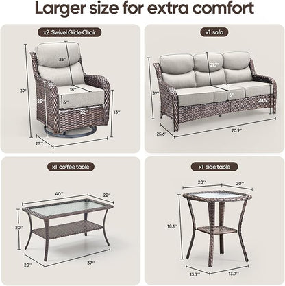 Swivel Patio Chairs sofa Set of 5 with 6" Thick Cushion - Wicker Outdoor Swivel Rocker Patio Chair ,Sofa/Glass coffee table, High Back Comfortable Outdoor Glider Chairs - Brown Wicker | Beige Cushions