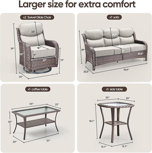 Swivel Patio Chairs sofa Set of 5 with 6" Thick Cushion - Wicker Outdoor Swivel Rocker Patio Chair ,Sofa/Glass coffee table, High Back Comfortable Outdoor Glider Chairs - Brown Wicker | Beige Cushions