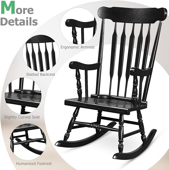 Tangkula Patio Rocking Chair Solid Rubber Wood, Outdoor Porch Rocker Chair with Rubber Wood Frame, Indoor Wooden Rocking Chair, Ideal for Garden, Backyard & Balcony (2, Black)