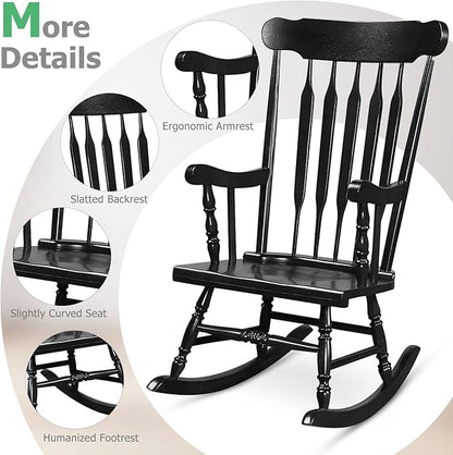 Tangkula Patio Rocking Chair Solid Rubber Wood, Outdoor Porch Rocker Chair with Rubber Wood Frame, Indoor Wooden Rocking Chair, Ideal for Garden, Backyard & Balcony (1, Black)
