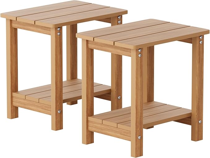 MXIMU Outdoor Side Table for Patio: 16" HIPS Weatherproof Adirondack Table Set of 2 - Small End Tables with Storage for Outside Porch Deck Pool Lawn Garden - 2 Tier Easy Assembly No Maintenance Teak