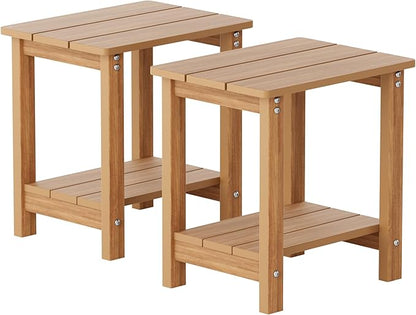 MXIMU Outdoor Side Table for Patio: 16" HIPS Weatherproof Adirondack Table Set of 2 - Small End Tables with Storage for Outside Porch Deck Pool Lawn Garden - 2 Tier Easy Assembly No Maintenance Teak