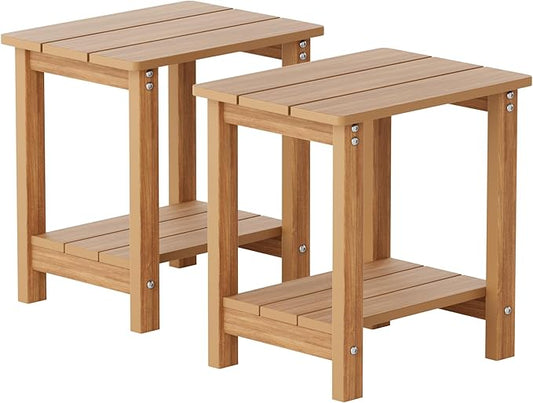 MXIMU Outdoor Side Table for Patio: 16" HIPS Weatherproof Adirondack Table Set of 2 - Small End Tables with Storage for Outside Porch Deck Pool Lawn Garden - 2 Tier Easy Assembly No Maintenance Teak