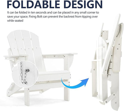 Folding Adirondack Chair, HDPE Outdoor Texture Lawn Chair with Reclining Back, Cup and Phone Holder - Comfortable Firepit Chair Weather Resistant for Patio or Backyard (White, Set of 4)