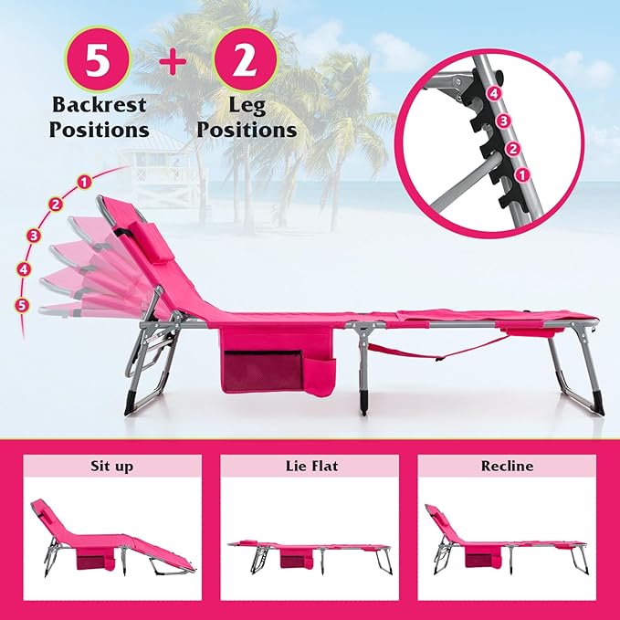 GYMAX Tanning Chair, 330LBS Beach Lounge with Face Arm Hole & Hand Shoulder Strap, Folding Layout Sunbathing Chair, Face Down Outdoor Chaise Lounger for Patio, Poolside, Lawn, Backyard (1, Pink)