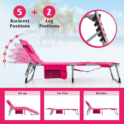 GYMAX Tanning Chair, 330LBS Beach Lounge with Face Arm Hole & Hand Shoulder Strap, Folding Layout Sunbathing Chair, Face Down Outdoor Chaise Lounger for Patio, Poolside, Lawn, Backyard (1, Pink)
