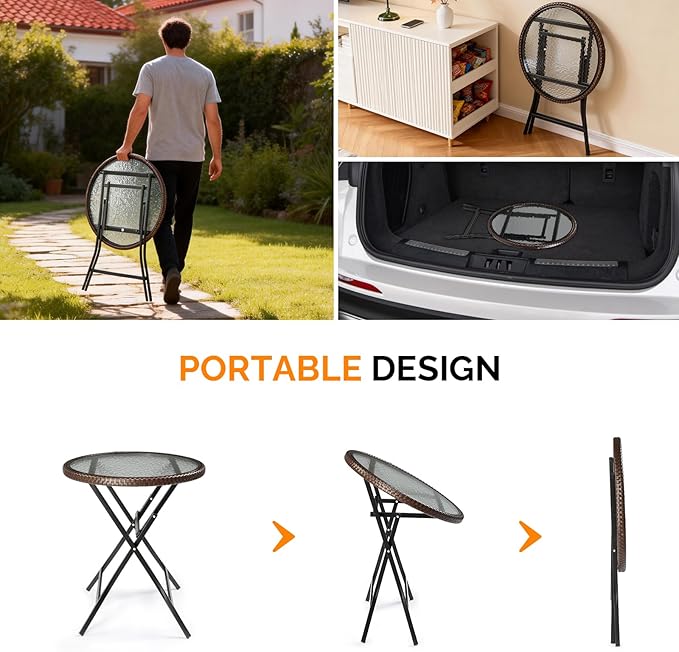 VINGLI 23.6in Modern Brown Rattan Folding Glass Outdoor Side Table, Small Patio Table with Tempered Glass Top,Round,1 Pack