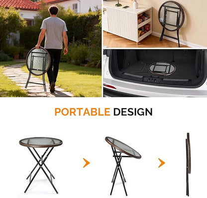 VINGLI 23.6in Modern Brown Rattan Folding Glass Outdoor Side Table, Small Patio Table with Tempered Glass Top,Round,1 Pack