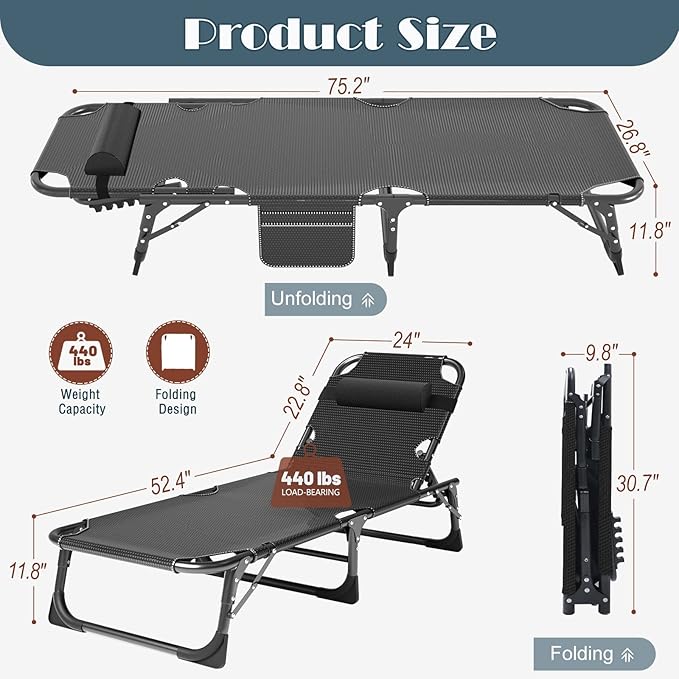 H&ZT Folding Patio Lounge Chair with Thick Padded Cushion, Adjustable Reclining Chaise Lounger with Headrest, Heavy Duty Outdoor Sunbathing Chair for Patio, Garden, Poolside, and Beach