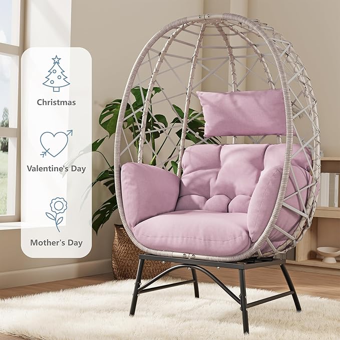 SWITTE Wicker Egg Chair Outdoor, Oversized Patio Lounge Chairs with Cushion for Indoor Living Room, Bedroom, Outside Backyard Balcony-Pink