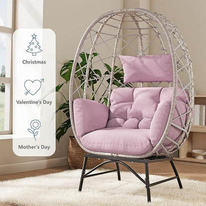 SWITTE Wicker Egg Chair Outdoor, Oversized Patio Lounge Chairs with Cushion for Indoor Living Room, Bedroom, Outside Backyard Balcony-Pink