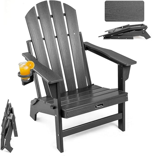 FUNBERRY Folding Adirondack Chair, HDPE Stable Gun-Leg Design Fire Pit Chairs with Cupholder All Weather for Outside
