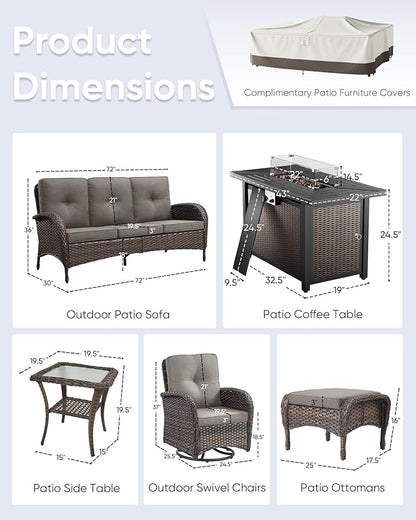 7 Pieces Outdoor Furniture with Fire Pit Deep Seating Wicker Patio Couch with Patio Swivel Chairs Outdoor Furniture Set for Deck Porch Garden Balcony Poolside-Brown/Grey
