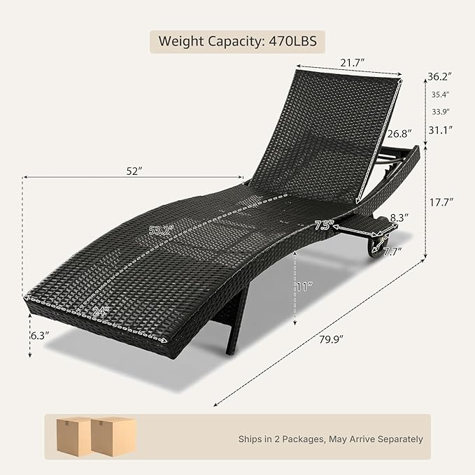 Set of 4 Dark Brown Outdoor Chaise Lounge Chairs, Wicker Patio Lounge Chairs with Adjustable Backrest and Wheels, Durable PE Rattan Pool Chair for Patio, Poolside and Garden