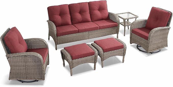 6 Pieces Outdoor Furniture-Patio Swivel Rocker Chairs Set of 2 3-Seater Wicker Couch with Outdoor Ottoman Outdoor Patio - Photo 3
