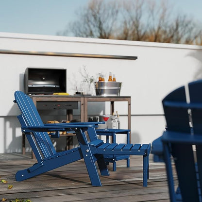 GREENVINES Adjustable Adirondack Chair with Retractable Ottoman Set of 4 | Folding | HDPE Plastic | Fire Pit Chairs w/Foot Rest | 2 Cup Holders | Blue | for Outdoor Patio Poolside Deck