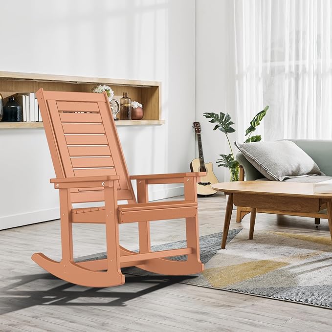 GREENVINES Outdoor Rocking Chairs | Set of 4 | Porch Rocker | HDPE Plastic | Teak | Oversized Rockers | High Back | Big & Tall | Ladder Back | for Patio Outside Backyard Balcony Garden