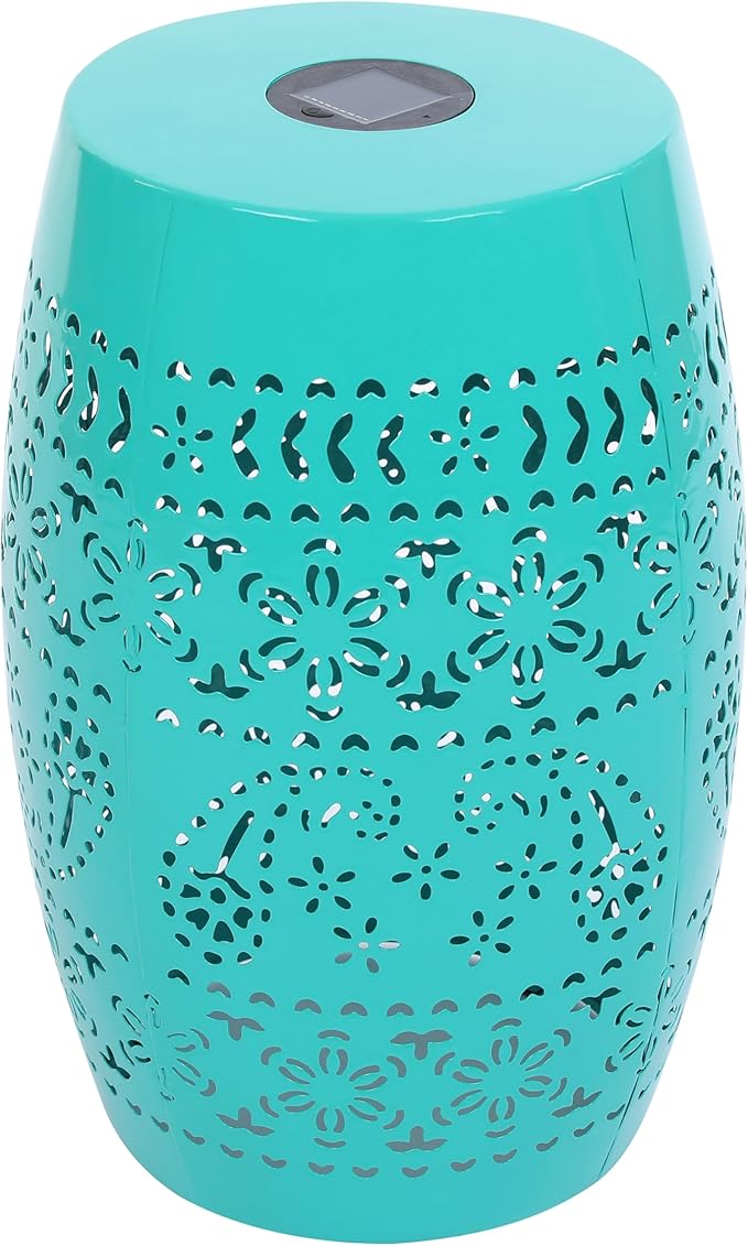 Christopher Knight Home Patio Side Table with Solar Powered Light, Outdoor Metal Coffee Table, Lace Cut Iron End Table, Patio Garden Stool with Cutout Design for Patio or Balcony,Teal