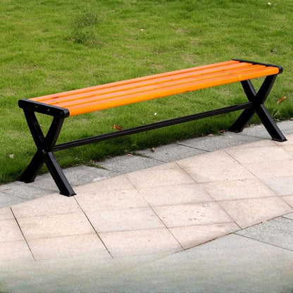 LITFAD Outdoor Bench Modern Park Bench with Corrosion Resistant Metal Frame, Yellow-Brown Wooden Seating without Backrest, Garden Bench for Patio, Lawn, Yard, Porch - Type A, 59.1"L x 15.5"W x 16"H