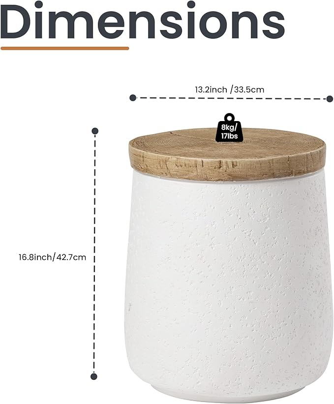 HOMPUS Outdoor Side Table, Concrete End Table Cylinder Shaped w Wood Grain Top, Small Round Outdoor Garden Stand for Patio, White