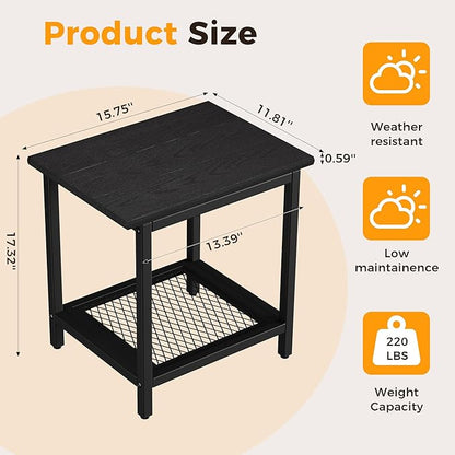 2-Tier Outdoor Side Table with Storage, Weather Resistant Patio End Table, HDPS Small Accent Table for Deck, Garden, Pool, Backyard, Black