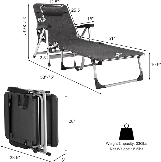 GYMAX Lounge Chair Outdoor, Chaise Lounger w/Adjustable Backrest, Cup Holder & Carry Handle, Folding Portable Tanning Layout Chair, Beach Sunbath Chair for Patio, Poolside, Lawn (1, Grey)